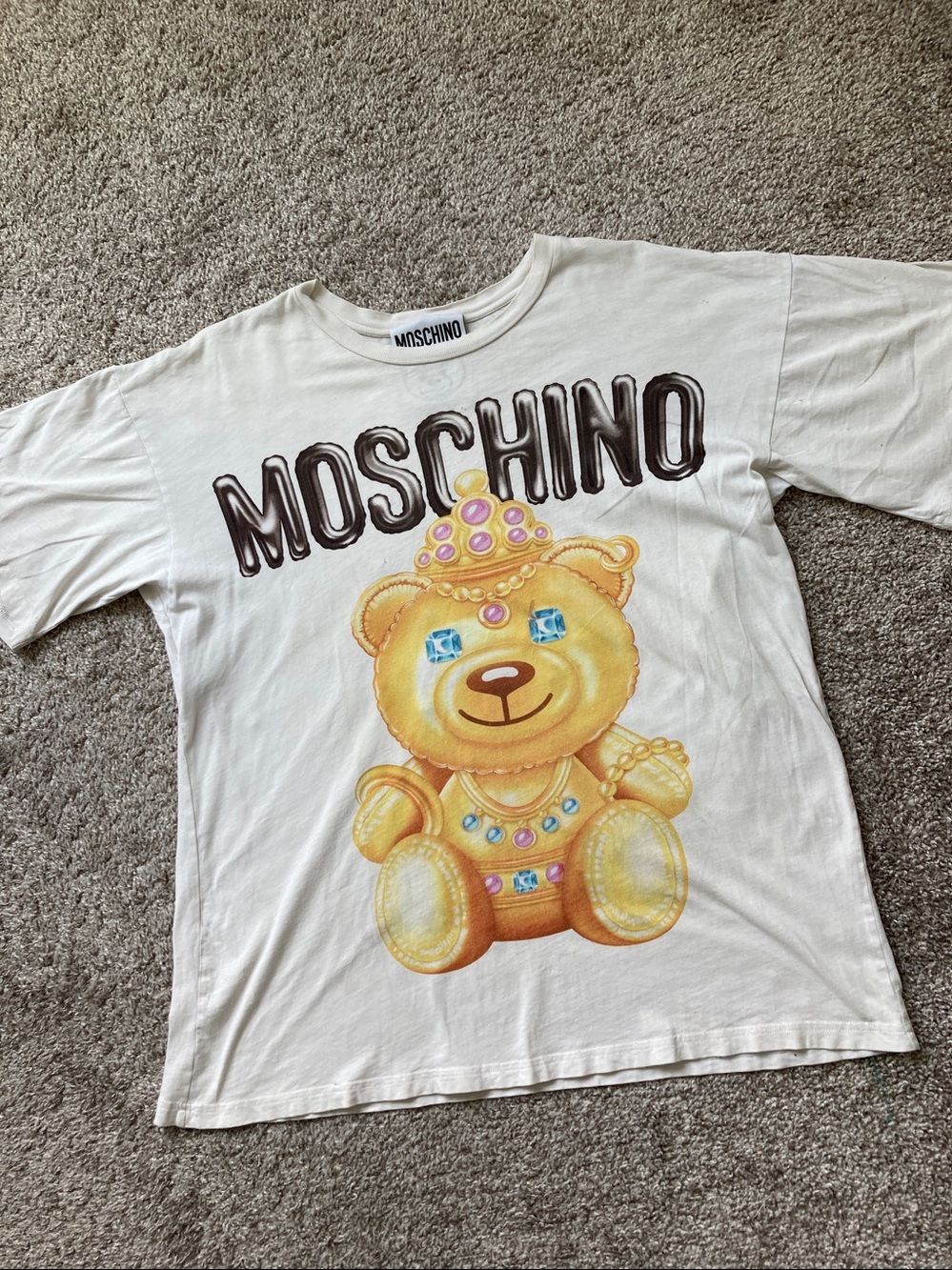 Moschino Jeweled Bear Tee T-shirt Unisex Loose Fit *AS IS* FLAWS Distressed sz S